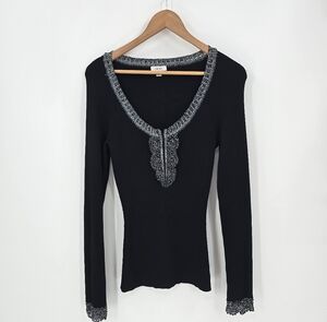 Y2k Cache Ribbed Knit Top Sweater Black Silver Metallic Lace Detail